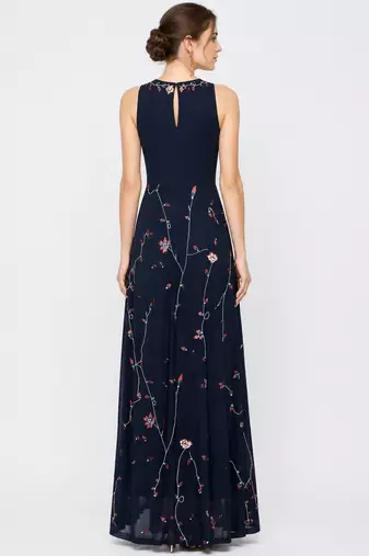 Electric blue georgette sleevless embroidered gown