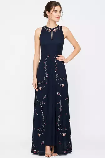 Electric blue georgette sleevless embroidered gown