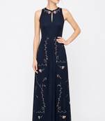 Electric blue georgette sleevless embroidered gown