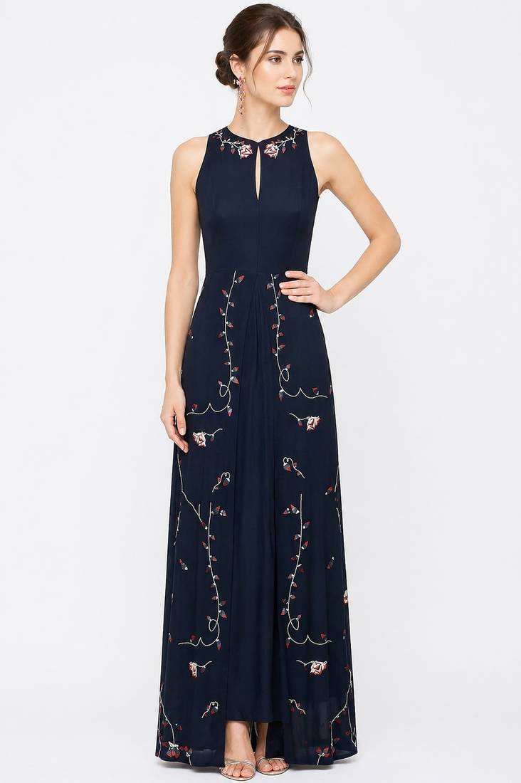Electric blue georgette sleevless embroidered gown