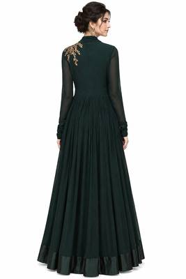 Emerald green georgette long sleeve embroidered gown 2