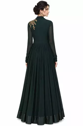 Emerald green georgette long sleeve embroidered gown