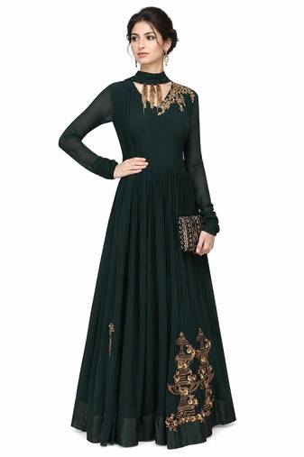 Emerald green georgette long sleeve embroidered gown