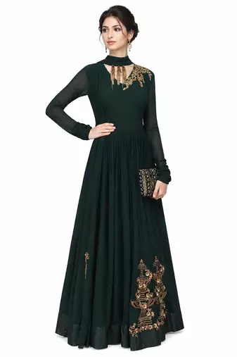 Emerald green georgette long sleeve embroidered gown