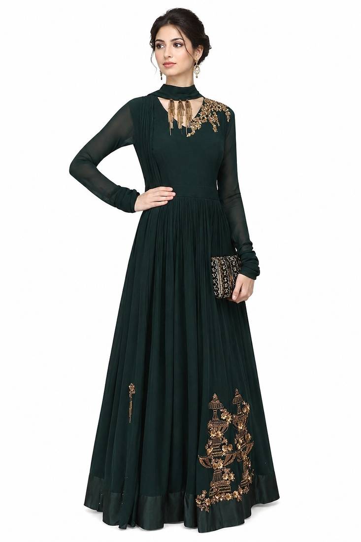 Emerald green georgette long sleeve embroidered gown