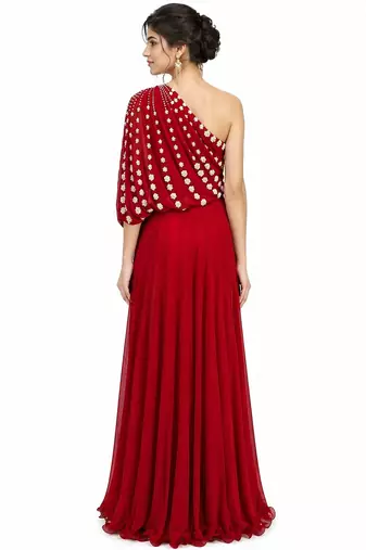 Red georgette sleevless embroidered gown