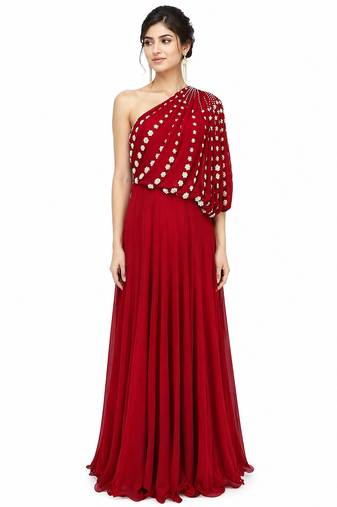 Red georgette sleevless embroidered gown