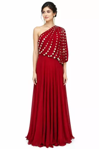 Red georgette sleevless embroidered gown