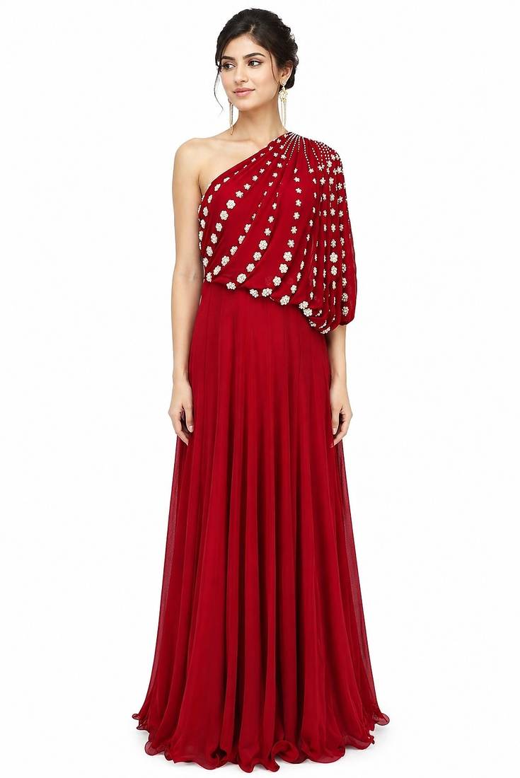 Red georgette sleevless embroidered gown