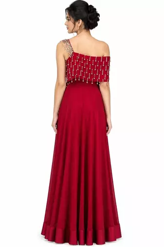 Red georgette sleevless embroidered gown