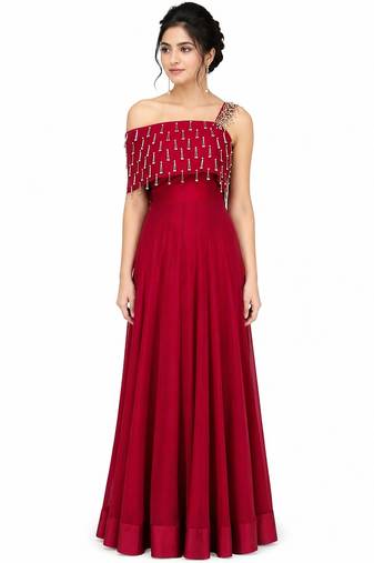 Red georgette sleevless embroidered gown