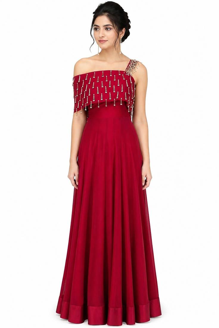 Red georgette sleevless embroidered gown