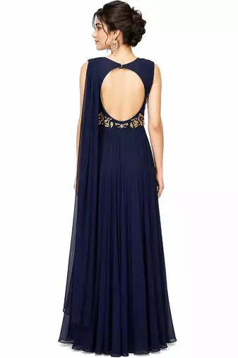Navy blue georgette sleevless embroidered gown