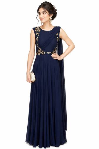Navy blue georgette sleevless embroidered gown