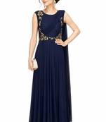 Navy blue georgette sleevless embroidered gown