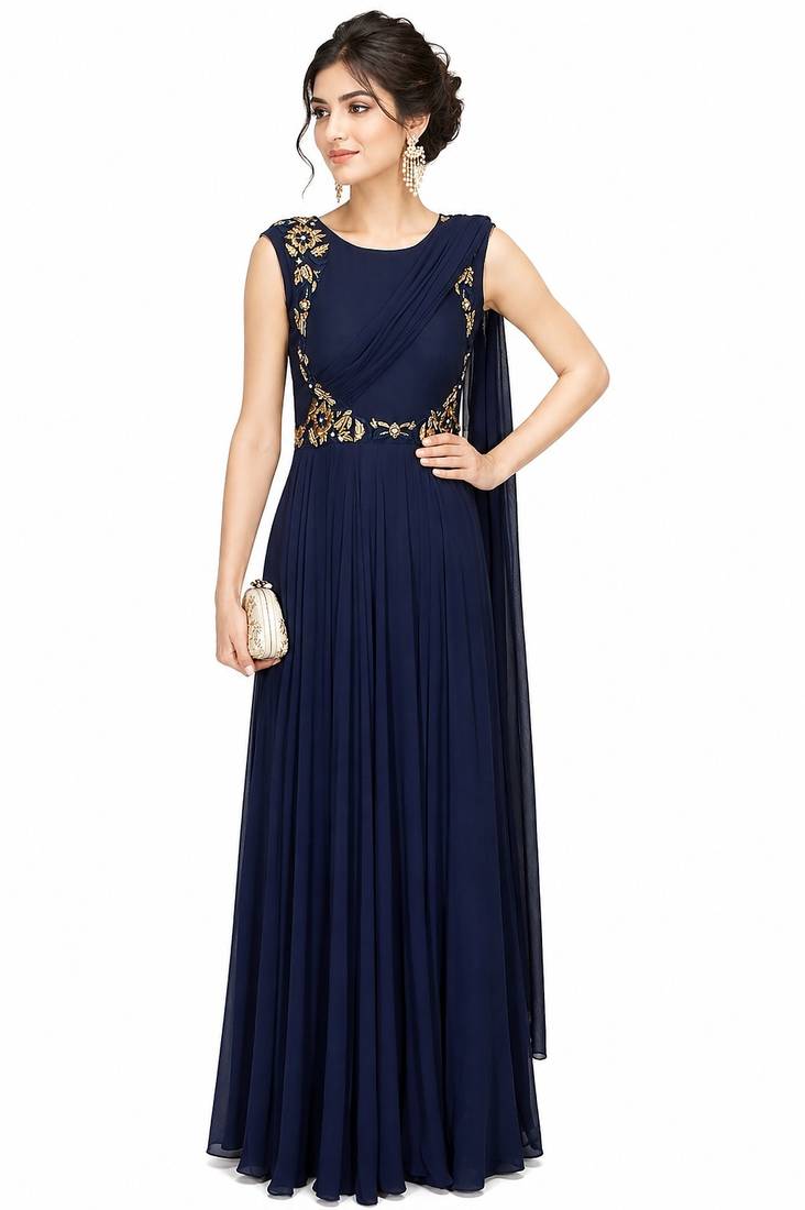 Navy blue georgette sleevless embroidered gown