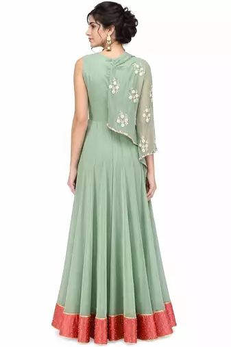 Light green georgette monosleeve embroidered gown