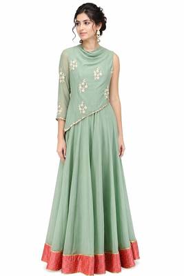 Light green georgette monosleeve embroidered gown 1