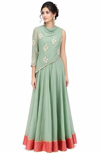 Light green georgette monosleeve embroidered gown