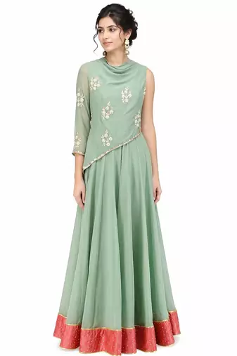 Light green georgette monosleeve embroidered gown