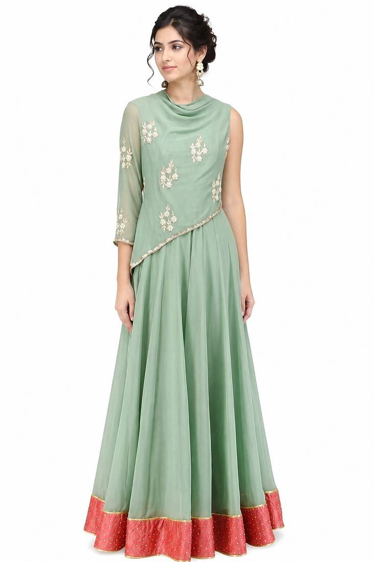 Light green georgette monosleeve embroidered gown