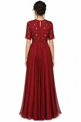 Maroon  georgette half sleeve embroidered gown 2
