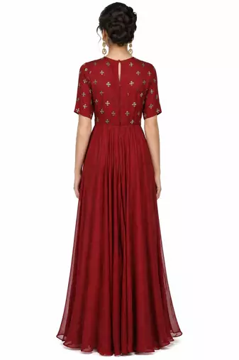 Maroon  georgette half sleeve embroidered gown