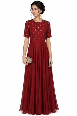 Maroon  georgette half sleeve embroidered gown 1
