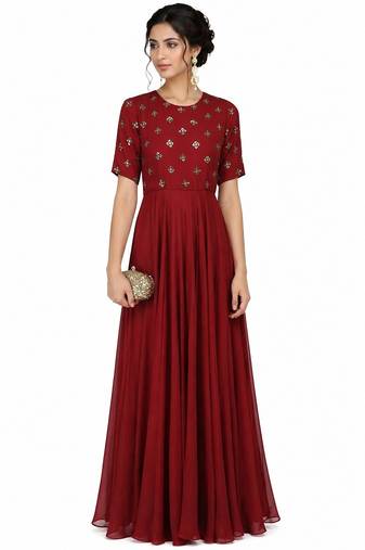 Maroon  georgette half sleeve embroidered gown