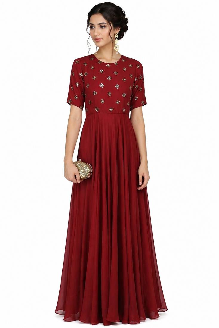Maroon  georgette half sleeve embroidered gown