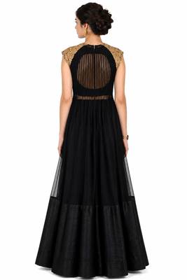 Black net cap sleeve embroidered gown 2