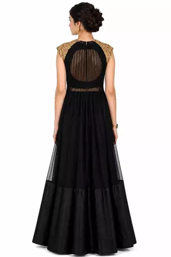 Black net cap sleeve embroidered gown
