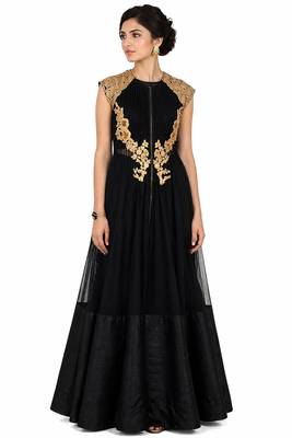 Black net cap sleeve embroidered gown 1