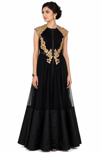 Black net cap sleeve embroidered gown