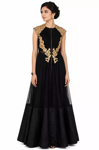 Black net cap sleeve embroidered gown