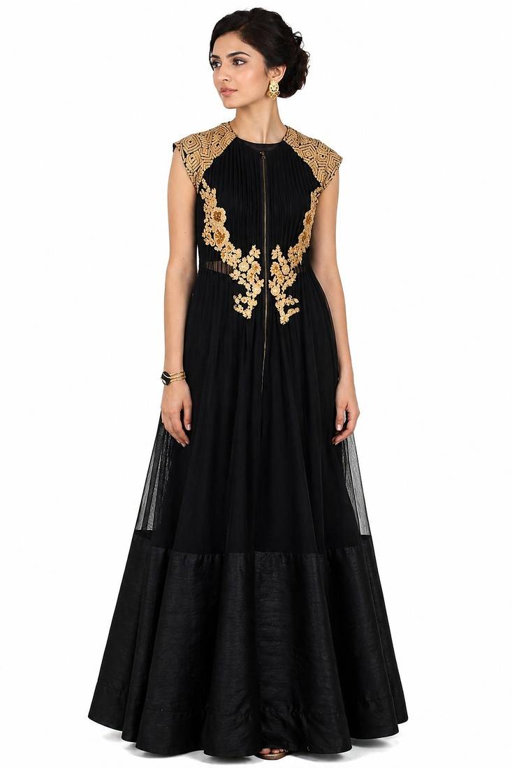 Black net cap sleeve embroidered gown