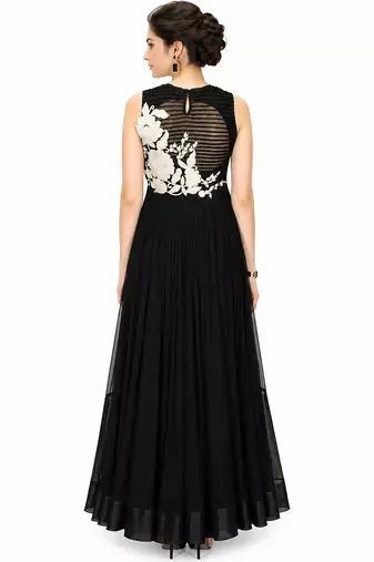 Black georgette sleevless embroidered gown