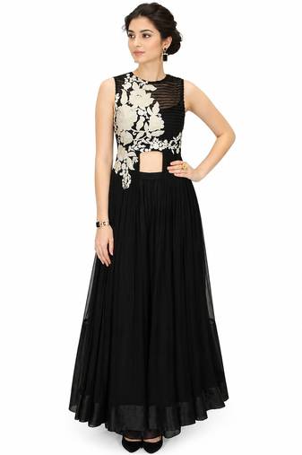 Black georgette sleevless embroidered gown