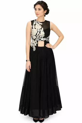 Black georgette sleevless embroidered gown