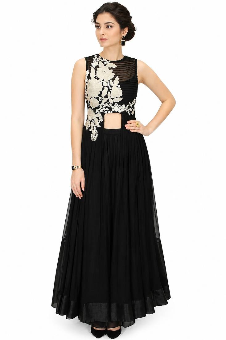 Black georgette sleevless embroidered gown