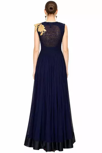 Navy blue georgette sleevless embroidered gown