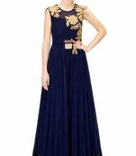 Navy blue georgette sleevless embroidered gown
