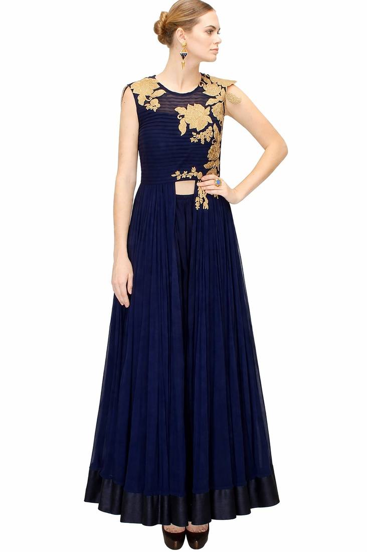 Navy blue georgette sleevless embroidered gown