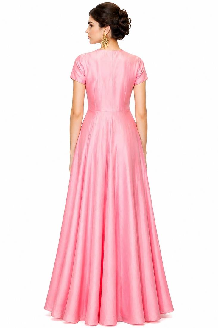 Pink silk short sleeve embroidered gown