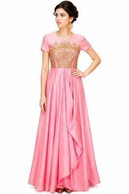 Pink silk short sleeve embroidered gown 2