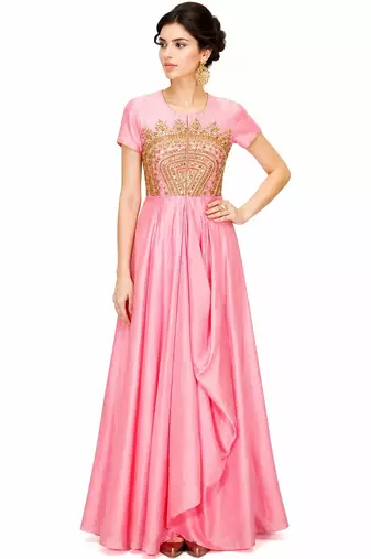 Pink silk short sleeve embroidered gown