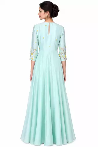 Light blue crape silk 3/4th sleeve embroidered gown