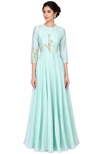 Light blue crape silk 3/4th sleeve embroidered gown