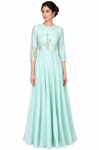 Light blue crape silk 3/4th sleeve embroidered gown