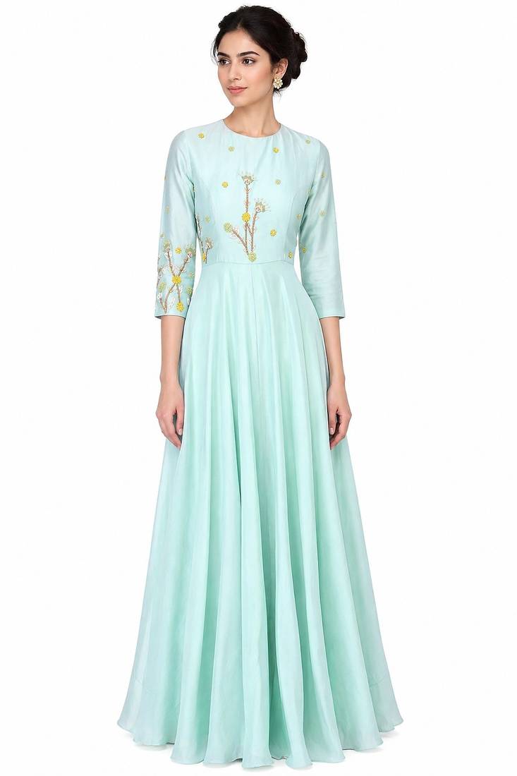 Light blue crape silk 3/4th sleeve embroidered gown